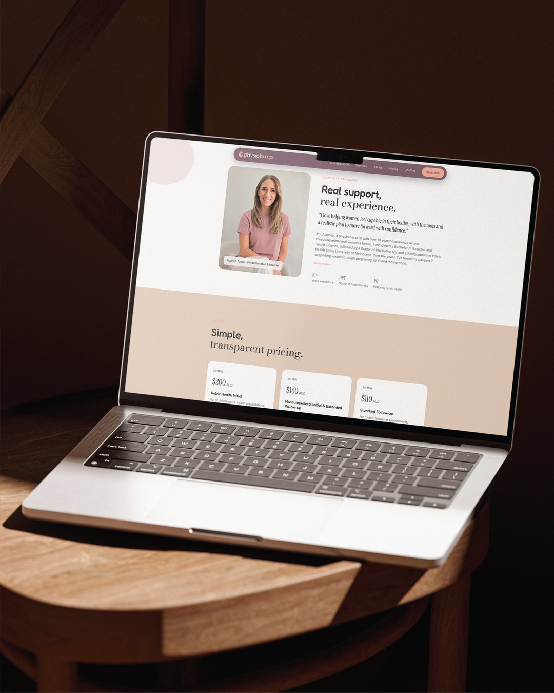 Physio Bump identity applied to a laptop mockup